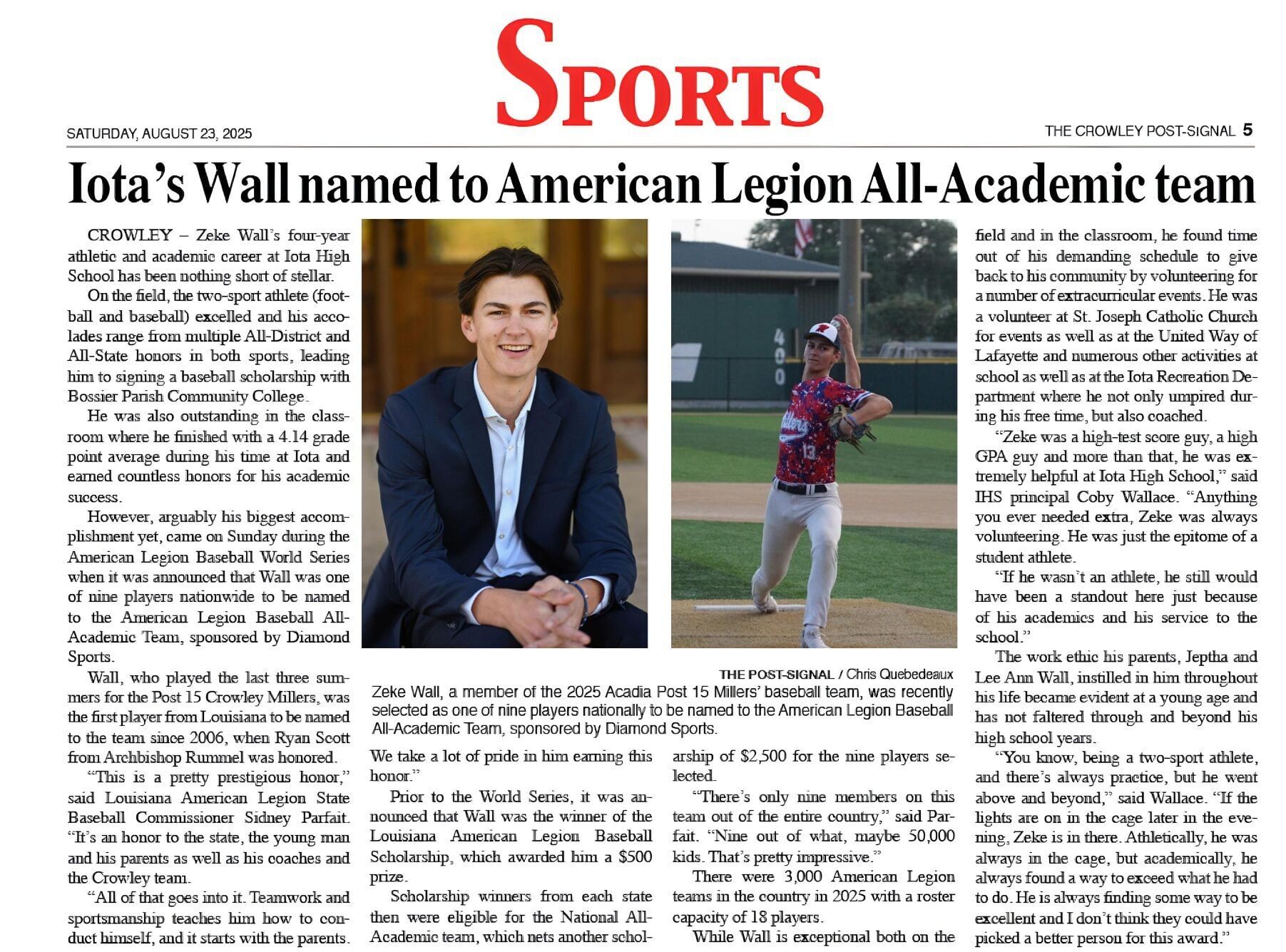 Iota's Wall named to All-Academic team — newspaper clipping