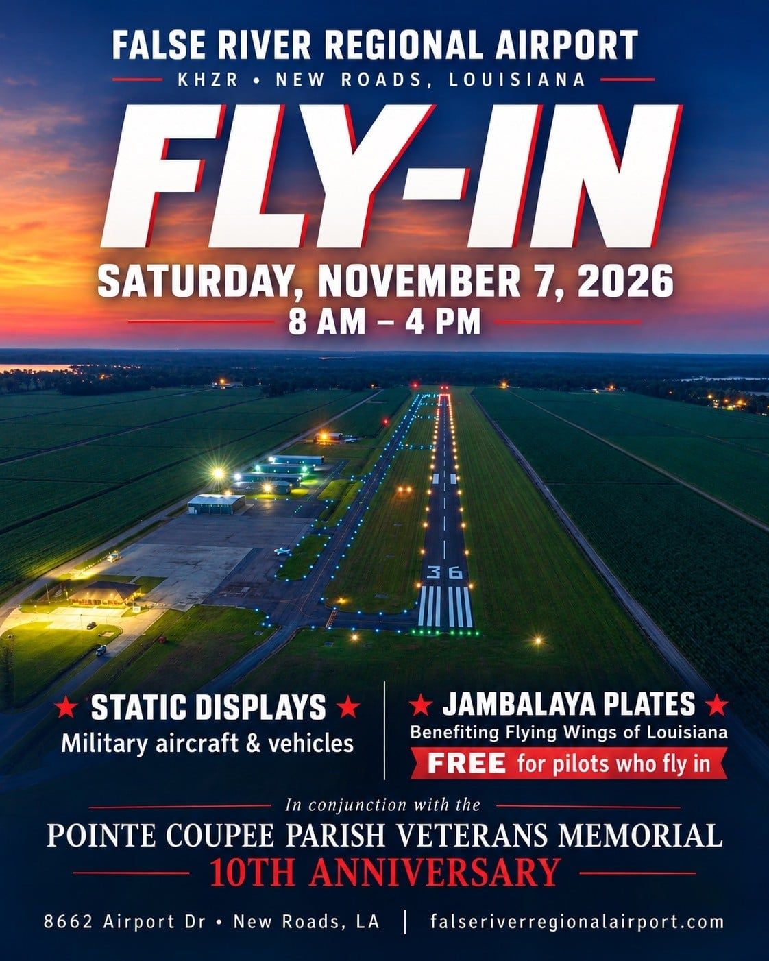 False River Regional Airport Fly-In flyer — Saturday, November 7, 2026, 8 AM–4 PM, KHZR, New Roads, Louisiana