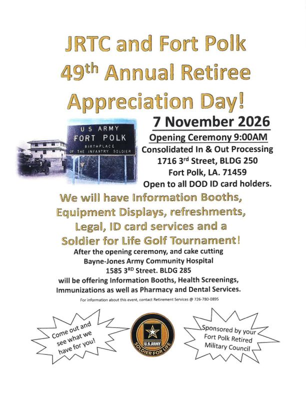 JRTC and Fort Polk 49th Annual Retiree Appreciation Day flyer — November 7, 2026