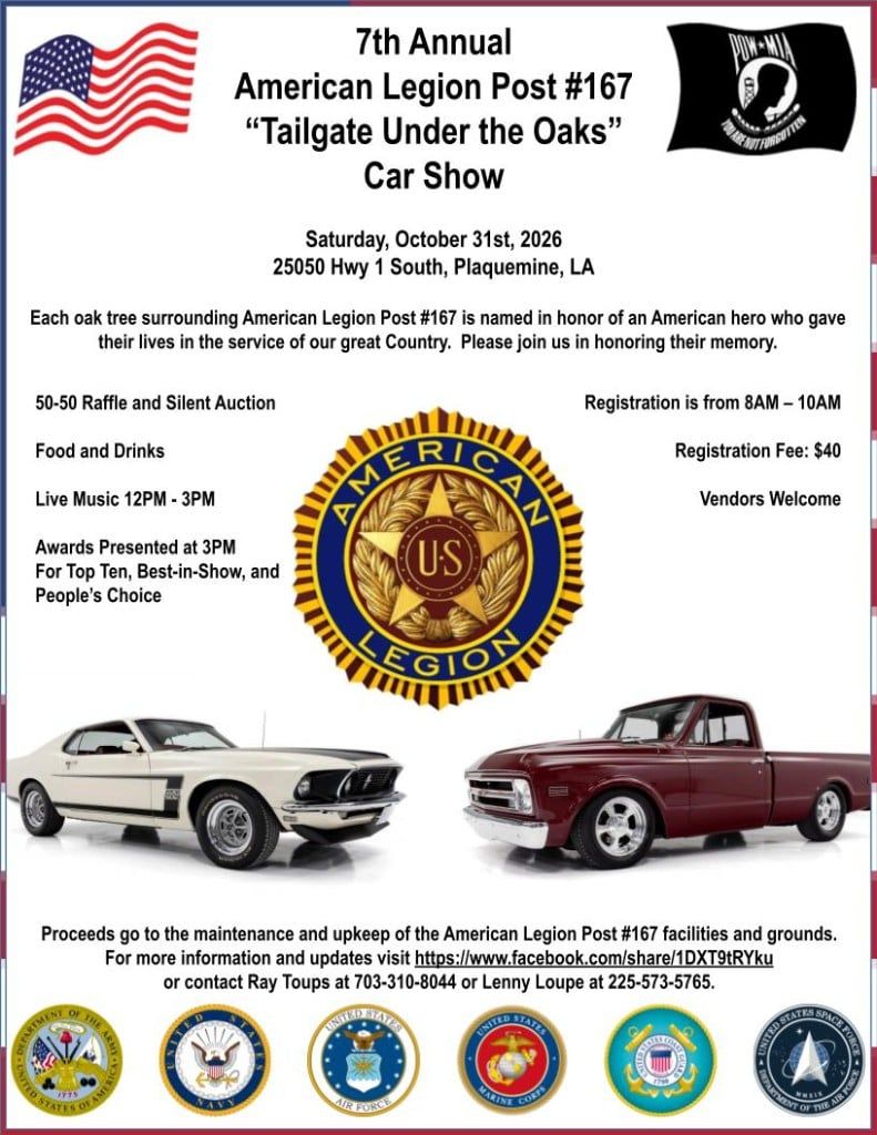 7th Annual American Legion Post 167 Tailgate Under the Oaks Car Show flyer — October 31, 2026